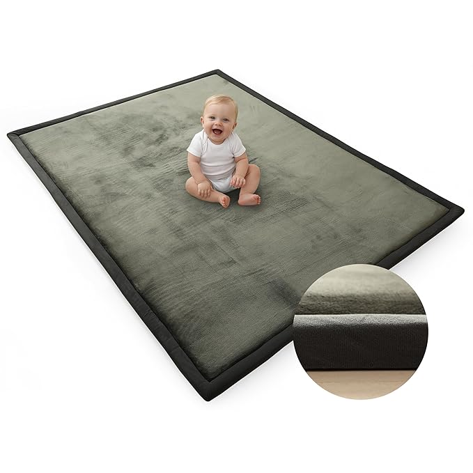 Grey Baby PlayMat Rug Extra Thick 3.5CM | Cloudsoft Coral Velvet Crawl Memory Foam Floor Mat | Anti-Spill | Anti-Slip | Toddlers Infants Kids Children | 60"x80" | Tummy Time | Padded Yoga Rug