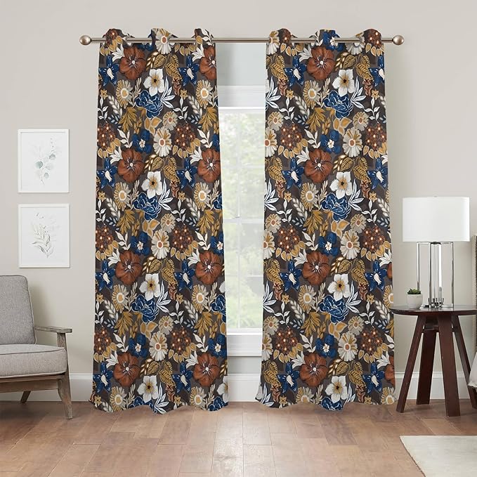 Renaiss Bohemian Floral Blackout Curtains, Blue Brown White Flower Thermal Insulated Bedroom Window Curtains, Boho Style Patterned Window Drapes for Living Room, 96" L x 53" W 2 Panel Set