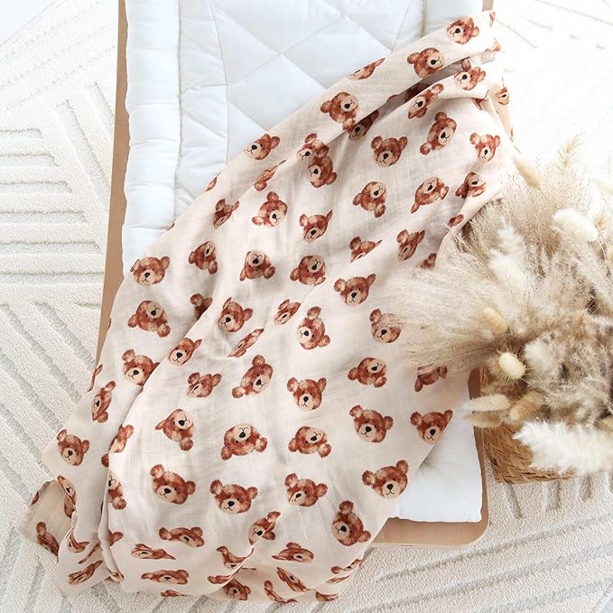 LifeTree Muslin Baby Swaddle Blankets, Boys Girls Muslin Swaddling Wrap Receiving Blanket for Newborn, 70% Viscose from Bamboo and 30% Cotton, Large 47" x 47", Bear Head Pattern