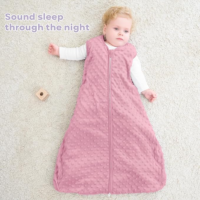 FIEMOL Fleece Baby Sleep Sack 6-12 Months, 1.5 TOG Cotton Baby Wearable Blanket With Soft Plush Dots, 2 Pack Newborn and Infant Warm Sleeping Sack with 2-Way Zipper Pink&Purple