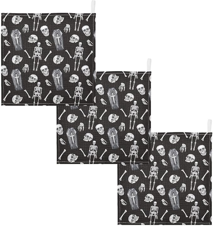 vvfelixl Baby Washcloths Cotton Creepy Skull Baby Muslin Washcloths Soft Baby Face Towel for Newborn Infants, 11.8 X 11.8 Inch, 3 Pack Black