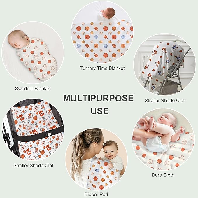 70% Rayon Made from Bamboo 30% Cotton Muslin Swaddle Blanket, 47 x 47 Inches, Basketball Print Baby Receiving Blanket, Soft and Breathable, Unisex, 4 Pack