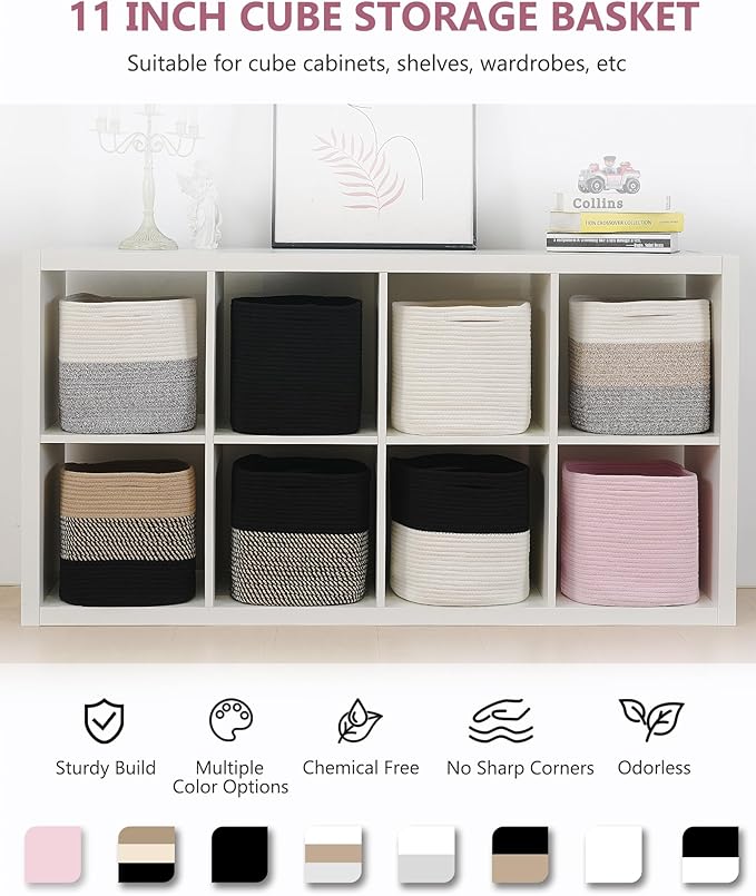 Cube Storage Bin 11" x 10.5" x 10.5" Cotton Rope Basket Square Woven Storage Basket for Shelves, Closet Organizer, Soft Towel Sock Basket, Pink, 1 Pack