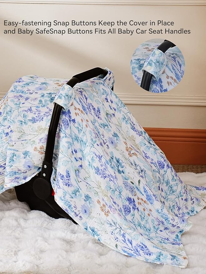 TILLYOU Baby Car Seat Cover, Breathable Muslin Cotton Infant Car Seat Cover, Lightweight Canopy with Sun and Bug Protection(Blue Flower)