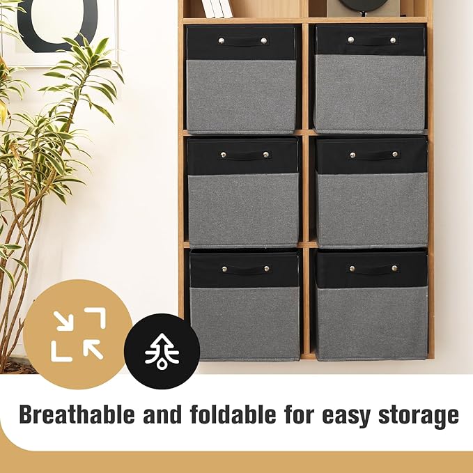 13 x 13 Inch Fine Linen Storage Bins with Handles,Fabric Cube Boxs,Basket Organizers for Shelves for Home, Closet Drawers (Black/Gray-4 Pack)