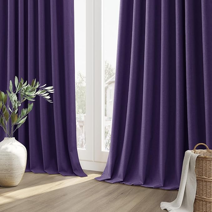 Guken 100% Blackout Curtains 96 Inch Length 2 Panels Set for Living Room Bedroom Back Tab Thermal Insulated Black Out Linen Drapes Room Darkening New Purple,52x96