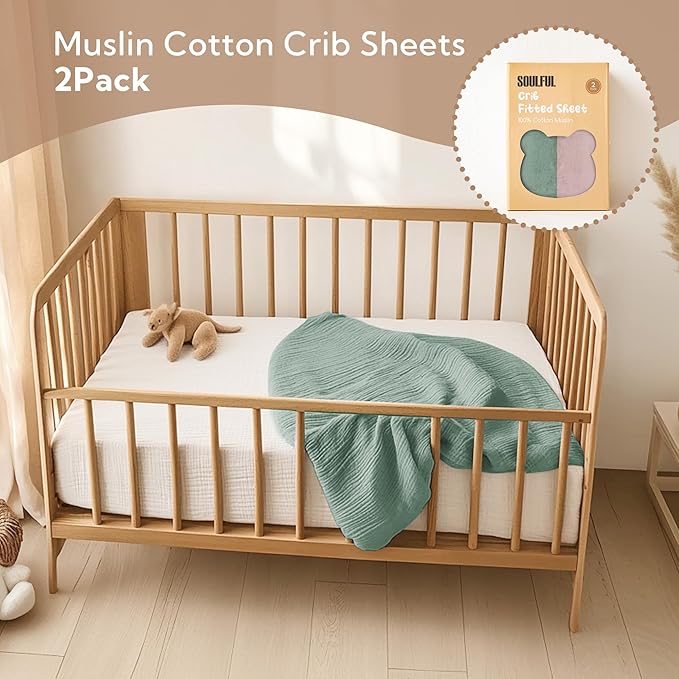 SOULFUL Mini Muslin Crib Sheets for Boys Girls, 2 Pack Soft and Breathable Cotton Fitted Crib Sheets for Standard Crib Mattress (24"x 38", Green & Dusty Rose)