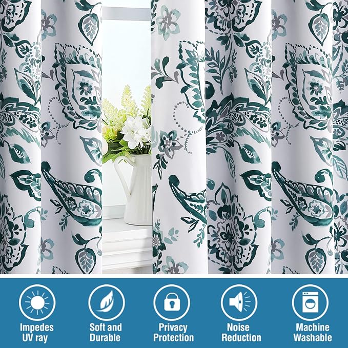 H.VERSAILTEX 100% Blackout Curtains for Bedroom Paisley Floral Printed Curtains 96 Inches Long Grommet Curtains & Drapes Thermal Curtains Window Treatments with Black Liner 2 Panels, Teal