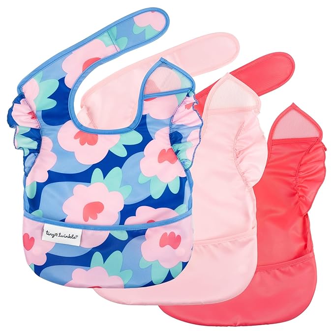 Tiny Twinkle Mess-Proof Baby Bibs for Eating | Waterproof, Wipeable Toddler Bibs with Catch-All Pocket | Feeding Bibs for Girls & Boys(3 Pack,Blue Floral)