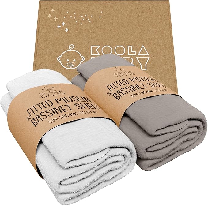 Bassinet Sheet for Bassinet Mattress - 100% Organic Muslin Cotton - Snuggly Soft & Cozy Sheets Fitted for Ronbei, Amke, Baby Delight & Fodoss Bedside Sleeper 2 Pack