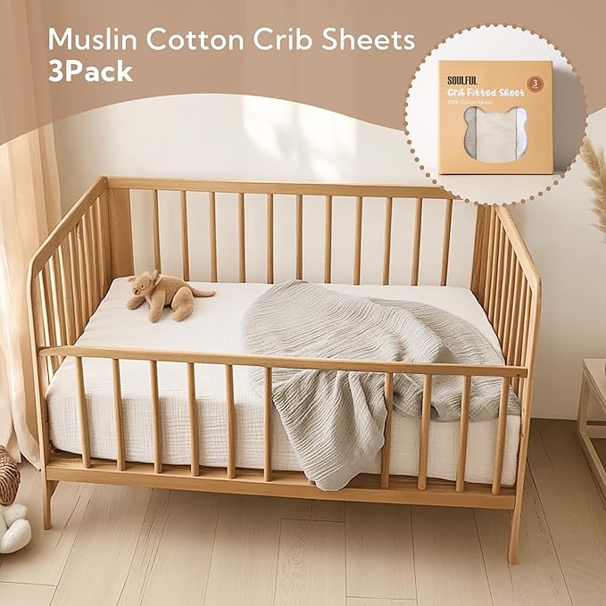 SOULFUL Muslin Crib Sheets for Boys Girls, 2 Pack Soft and Breathable Cotton Fitted Crib Sheets for Standard Crib Mattress (28"x 52", White & Beige & Light Tan)