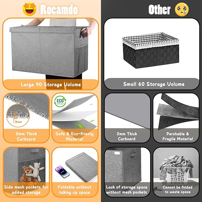 Large Toy Storage Box with Lid Divider, Sturdy Collapsible Toys Organizer Chest Kids Storage Bins Boxes Baskets for Boys, Girls, Nursery, Bedroom, Living Room, Playroom, 25"x13"x16", Gray