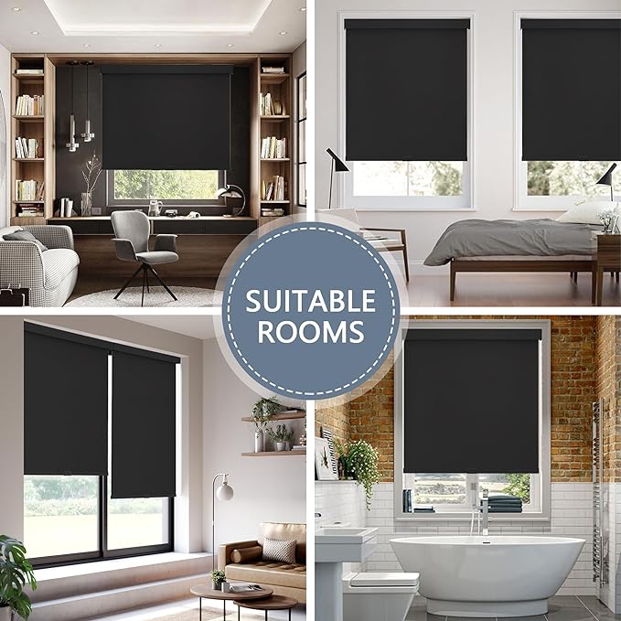AOSKY Blackout Roller Shades Cordless Blinds for Windows, Free-Stop Shades with Valance, Thermal Insulated Fabric, UV Protection, Natural Woven Blinds for Home and Office (32" W x 72" H, Black)