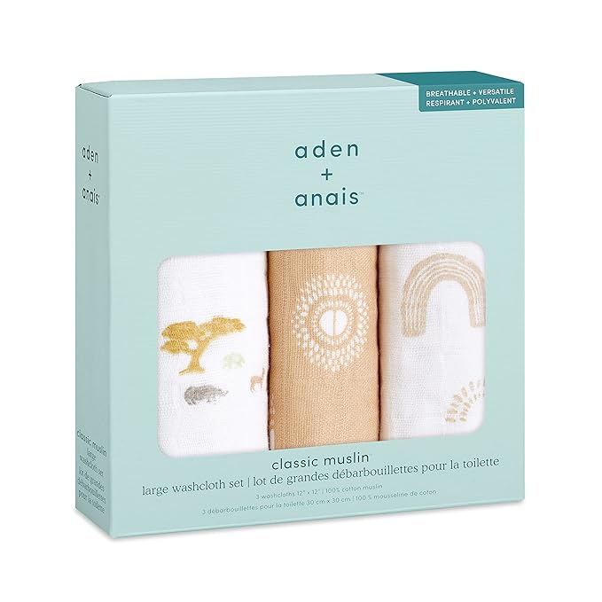 aden + anais Boutique Oversized Washcloth 3-Pack, Super Soft 100% Cotton Muslin, Gentle on Skin, 3 Absorbent 12x12 Layers, Softer with Every Use, Perfect for Babies, Infants, Toddlers, Keep Rising