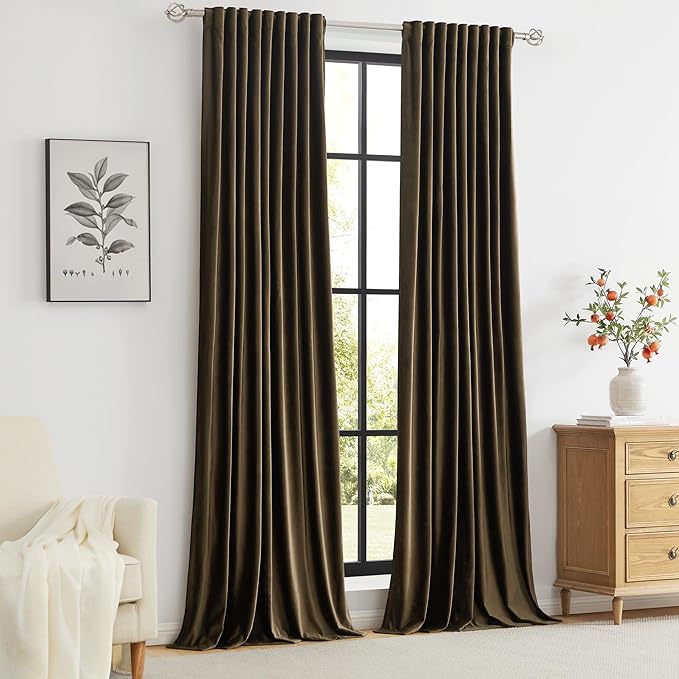 PRIMROSE Brown Velvet Curtains 96 inch Long for Living Room,Set of 2 Panels Blackout Rod Pocket Back Tab Window Treatment Room Darkening Heavy Decorative Curtains Drapes for Bedroom