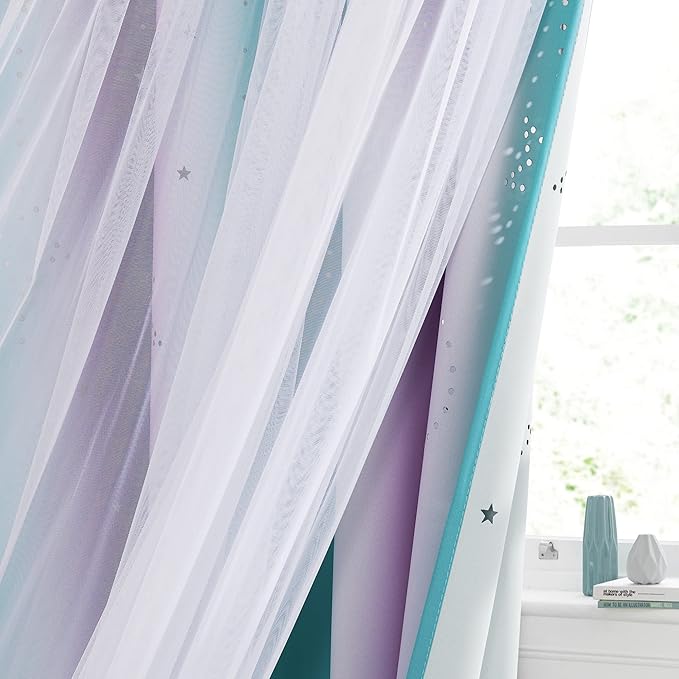 NICETOWN Moon Star Curtains for Nursery, Double Layer Rainbow Blackout Grommet Ombre Curtains with Sheer for Living Room, Nursery, Girls Bedroom 1 Pair, 52W x 84L, Teal & Purple