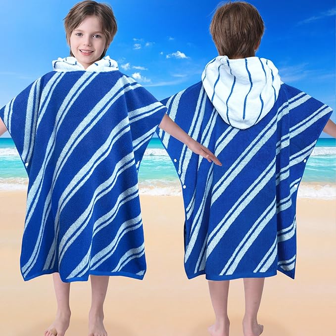 VOOVA & MOVAS Kids Hooded Poncho Towels (4-8Years,27.5"x27.5"),100% Cotton Soft Absorbent Towel for Boys,Perfect for Bathroom | Pool | Beach | Swimming, Jacquard Blue Stripe
