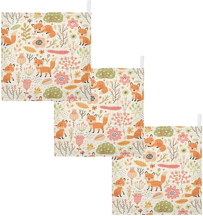 vvfelixl Baby Washcloths Cotton Foxes and Flowers Flesh Colored Baby Muslin Washcloths Soft Baby Face Towel for Newborn Infants Baby Wipes, 11.8 X 11.8 Inch, 3 Pack