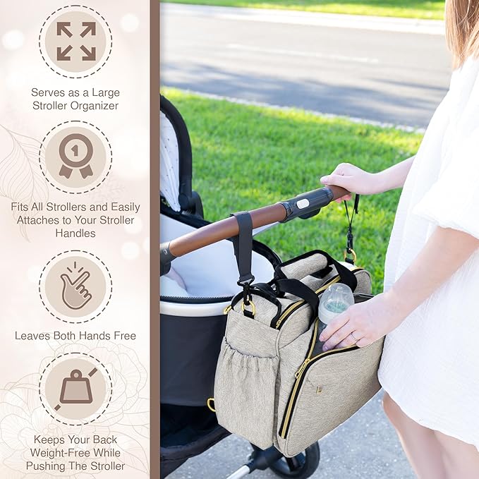 Mellories 4 in 1 Convertible Diaper Bag Tote for Baby Boys and Girls - Converts into Diaper Backpack, Baby Tote, Stroller and Crossbody Diaper Bag - Beige Baby Travel Bag - Gift for Mom