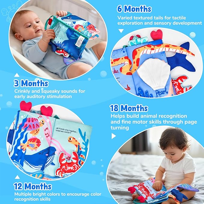 JoyCat Baby Books 0-6-12 Months - Ocean Tummy Time Toys Mirror - Montessori Sensory Activity Cloth Book with 3D Crab & Fish - Newborn Valentine Easter Basket Stuffers