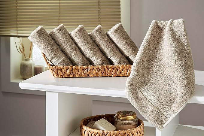 Ozdilek 6-Piece Washcloth Set 13x13 100% Turkish Cotton, 600 GSM, Soft, Gentle on Sensitive Skin, Multi-Purpose Use, Washable, Reusable, Ideal for Baby Care & Spa 6 Towels (Seahorse Beige)