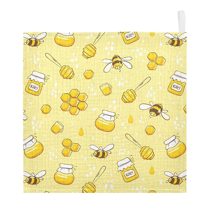 Baby Washcloths Cotton Flying Bees Honey Baby Muslin Washcloths Soft Baby Face Towel for Newborn Infants Baby Wipes, 11.8 X 11.8 Inch, 5 Pack Yellow