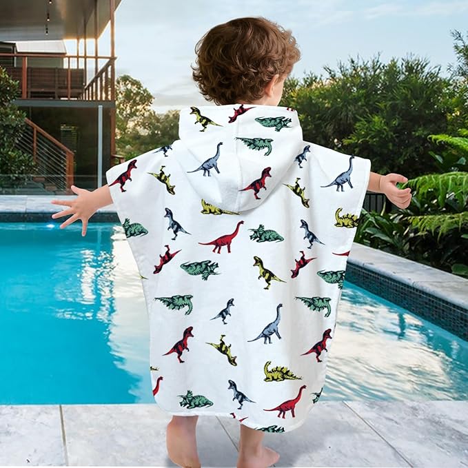 VOOVA & MOVAS Toddler Hooded Towel, Oversized (2-4Years,22"X22") Made from 100% Soft Cotton,Absorbent Hooded Poncho Towel for Baby Girl,Perfect for Pool | Swimming | Bath | Beach,Dino