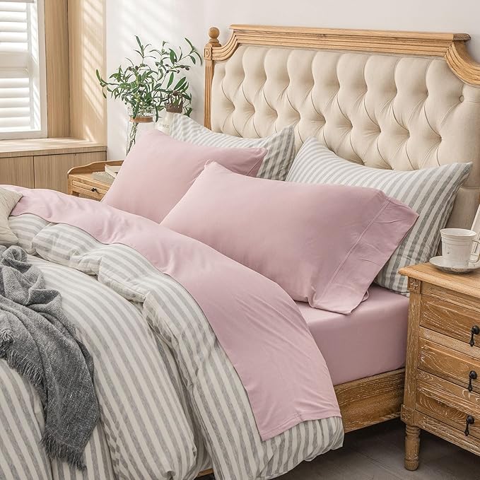 PURE ERA Jersey Knit 4pc Bed Sheet Set 100% T-Shirt Cotton Super Soft Comfy Breathable Fits Mattress Up to 20" Extra Deep Pocket (Solid Light Pink, Queen)