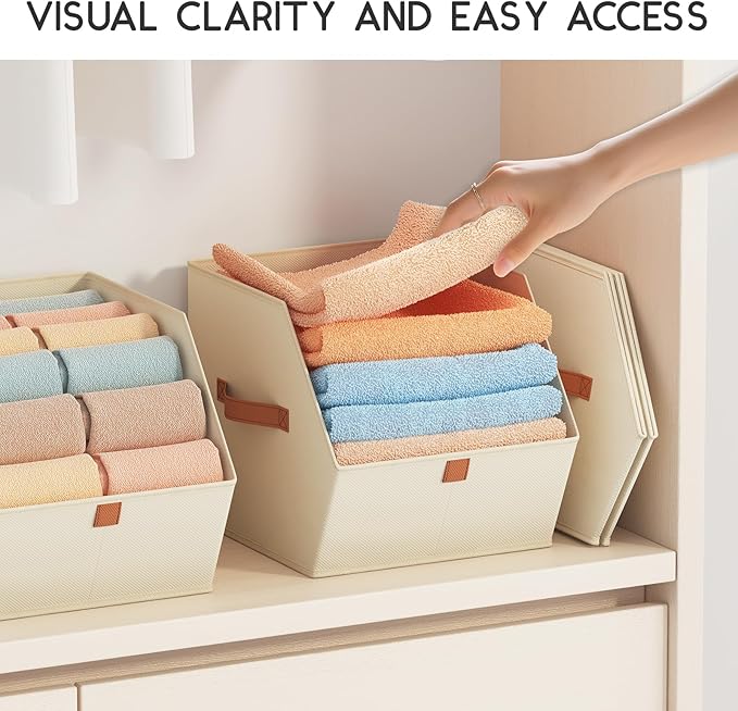 Fabric Closet Storage Cubes - 4 Pack Square Storage Bins with Dual Handles for Clothes, Towels, Toys, Cube Storage Organizers for Bedroom, Nursery, Shelves, Closet, Small Spaces, Beige