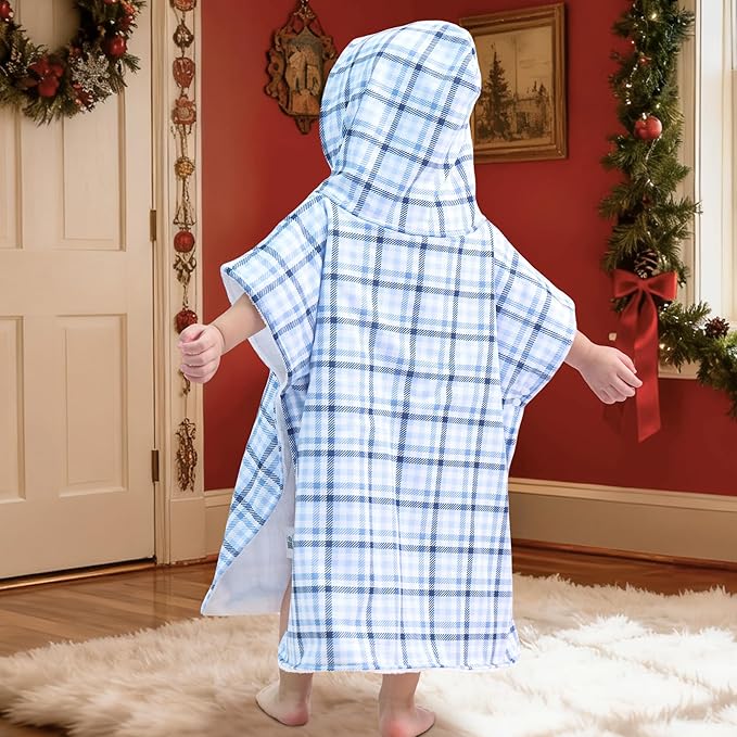VOOVA & MOVAS Double-Layered Baby Hooded Towel Poncho (2-4 Years, 20x21 Inches) | Ultra Soft & Absorbent Cotton | Thick Toddler Bath Towel for Swimming, Beach, Shower & Winter,Blue Check
