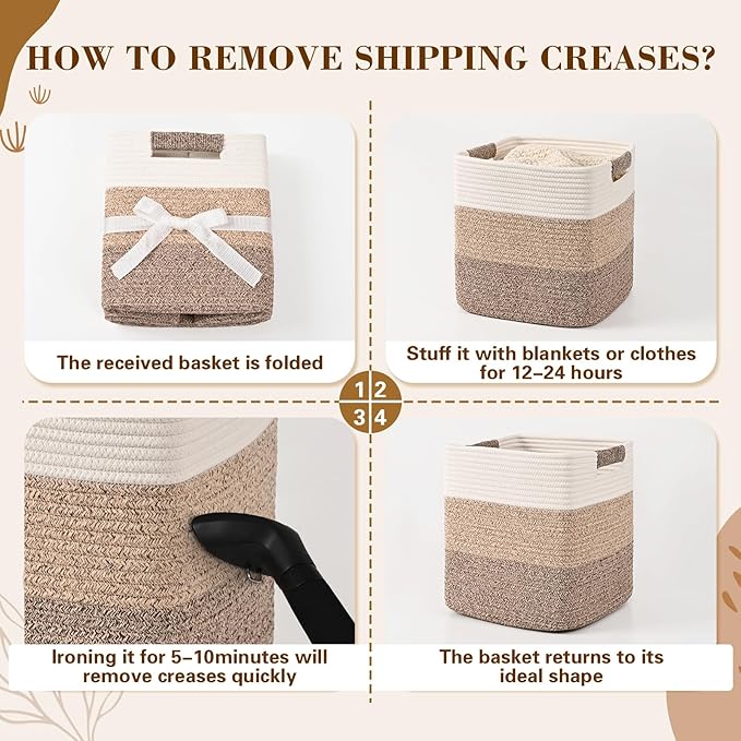 11 Inch Storage Cubes, 3 Pack Cube Storage Bins for Organizing, Cotton Rope Woven Baskets for Shelves, Bathroom, Kids Room, Closets, Baby Nursery
