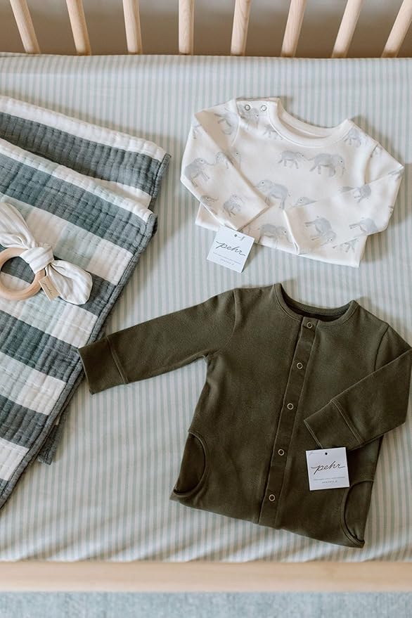 Pehr Striped Crib Sheet, Stripes Away Sea | Breathable Brushed Organic Cotton for Soft Sleep | Snug Fit | Giftable Reusable Fabric Bag Packaging | Standard Crib Mattresses up to 52βL x 28βW x 8βH