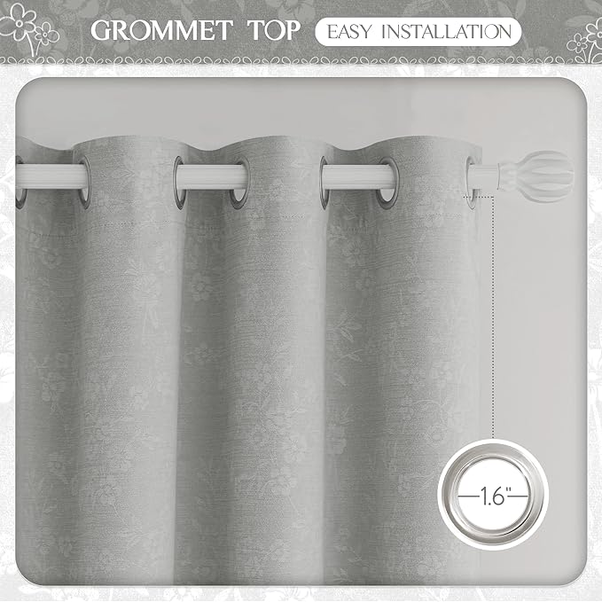 Beauoop Grey Floral Jacquard Blackout Curtains 84 Inches Long 2 Panels for Living Room Bedroom Chenille Flower Room Darkening Thermal Insulated Soundproof Grommet Window Drapes, 52x84 Set of 2