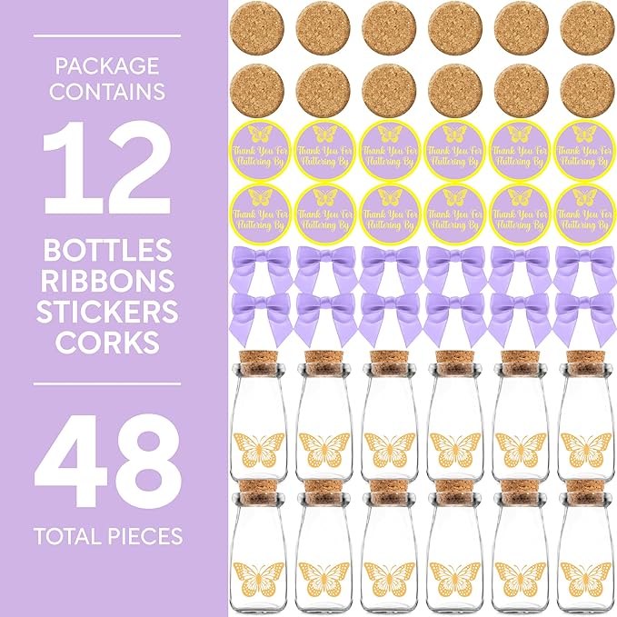 Ethisa Vintage 12 Pack Butterfly Party Favor Glass Bottles with Ribbons and Stickers - Classy Baby Shower and Birthday Favors for Guests and Table Centerpieces Decorations - Purple Theme Candy Jar