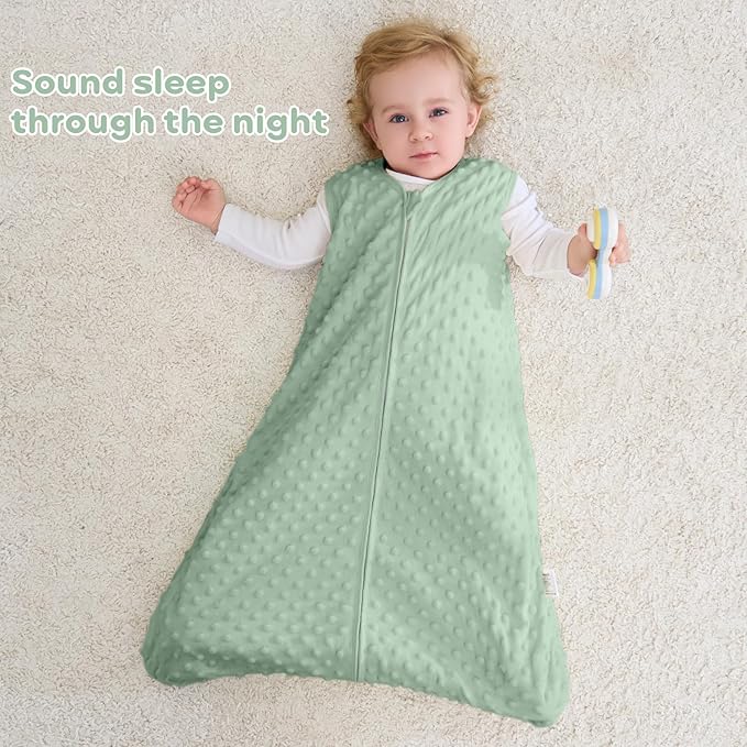 FIEMOL Fleece Baby Sleep Sack 12-18 Months, 1.5 TOG Cotton Baby Wearable Blanket With Soft Plush Dots, 2 Pack Newborn and Infant Warm Sleeping Sack with 2-Way Zipper Beige&Green