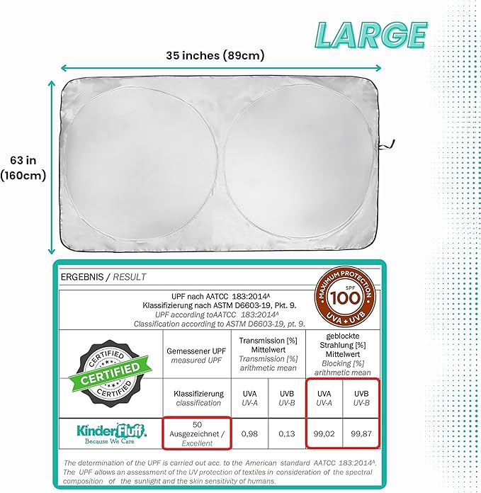 Kinder Fluff Windshield Sunshade | Reflective Patented Car Sun Protection - Certified 99% UVR Block - Cool Interior | Foldable Sun Visor Cover | Automotive Accessories for Summer Heat | Size L 63"x35"