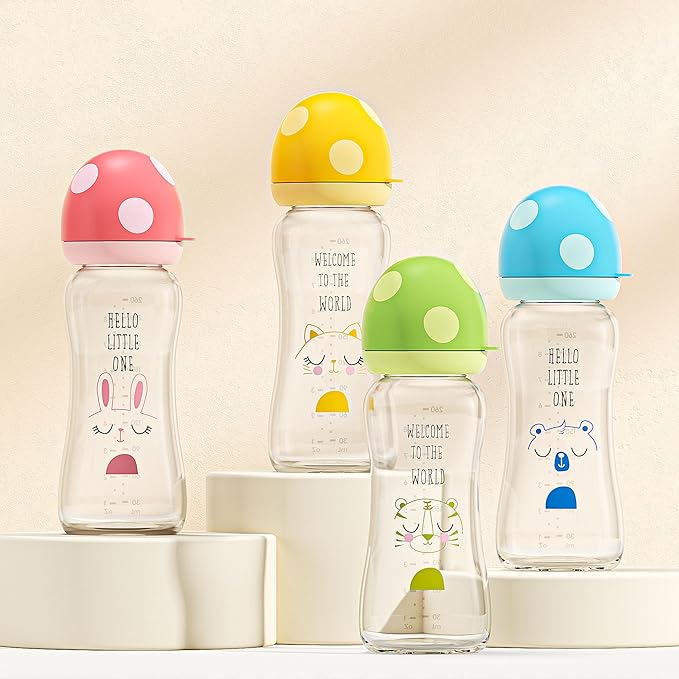 YOHKOH Natural Glass Baby Bottle with Level 2 Medium Flow Nipple, Newborn Anti-Colic Baby Bottles, Wide Neck Mushroom Baby Glass Bottle (8.8ounce (Pack of 2), Multicolour1)