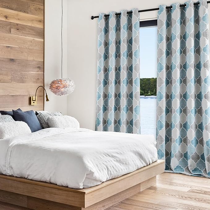 Full Blackout Geometric Print Curtains 84 Inches Long 2 Panels Gray Blue Moroccan Drapes Room Darkening Thermal Insulated Grommet Top Window Treatments Sets for Bedroom Living Room, 52" W