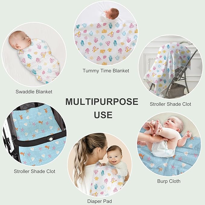 2-Pack Seashell Print Baby Swaddle Blankets, Soft & Breathable Muslin Swaddle for Newborns, 47 x 47 Inches, Unisex