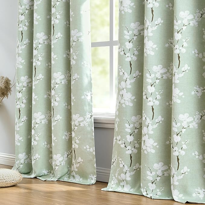 FMFUNCTEX Green Kitchen Valance Curtain for Windows Bathroom Living Room Bedroom, Blossom Blackout Window Valance Thermal Insulated Rod Pocket Valance Curtains, 50" W x 18" L, Sage Green and White