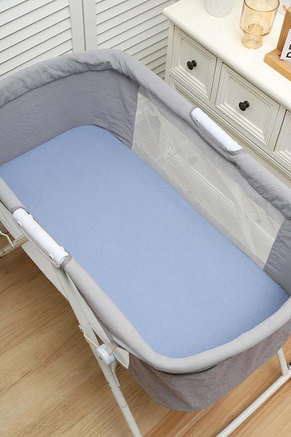 Onacosht Muslin Bassinet Sheets 3 Pack, 100% Cotton Baby Sheet 35" X 20" Compatiable with AMKE 3 in 1 Bassinets, MiClassic, Uiuwoo, Foalom, YADAQE, Milliard and TCBunny Bassinet, Dinosaur Car and Blue