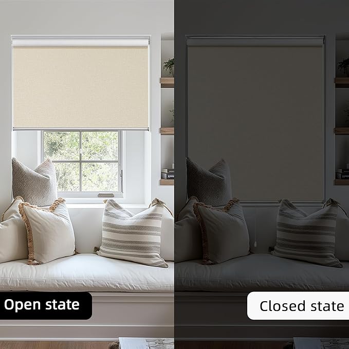 ChrisDowa Cordless 100% Blackout Roller Shade, with Striped Jacquard, Thermal Insulated, UV Protection Fabric, Total Blackout Blinds for Window, French Doors, Home and Office. Beige, 45" W x 72" H