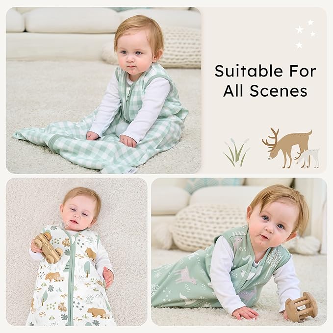 FIEMOL Baby Sleep Sack 6-12 months, 100% Cotton Sleeping Sack for Newborn and Infant, 3 Pack Baby Wearable Blanket, 0.5 Tog Lightweight Double Zipper Sleep Bag Medium Green Forest Bear