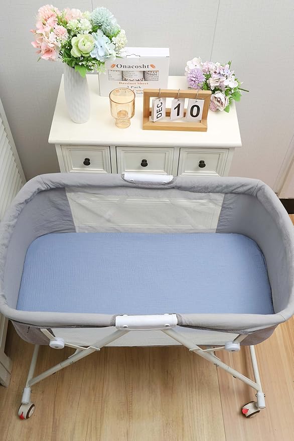 Onacosht Muslin Bassinet Sheets 3 Pack, 100% Cotton Baby Fitted Sheet 33" x 19" Compatible with Mika Micky, KoolaBaby (3 in 1), BabyBond, HARPPA and RICUTON Bedside Bassinet, Dinosaur Car and Blue