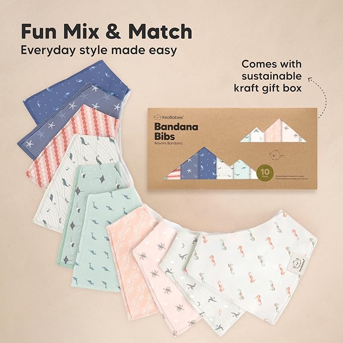 KeaBabies 10-Pack Organic Baby Bandana Bibs for Girls - Super Absorbent Triangle Baby Bibs for Drooling and Teething Infant, 100% Cotton Extra Soft for Newborn, Infant 0-36 Months (Marine Muse)