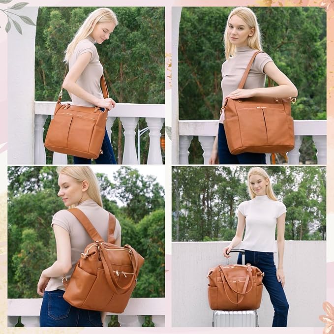 MOMINSIDE Diaper Bag Tote, 4 in 1 Leather Diaper Bag Backpack with 13 Pockets, Convertible Baby Bag for Boys Girls,Diaper Bags Baby Registry, Changing Pad, 4 Large Insulated Pockets(Brown)