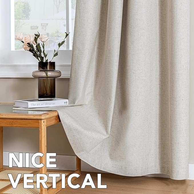 H.VERSAILTEX Linen Curtains 100% Blackout Curtains for Bedroom 54 inch Long Full Light Blocking Nature Linen Blended Window Curtains for Living Room Nickel Grommet (2 Panels, Heathered Linen)