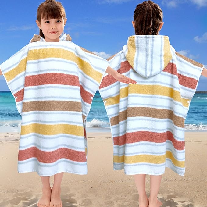 VOOVA & MOVAS Kids Hooded Poncho Towels (4-8Years,27.5"x27.5"),100% Cotton Soft Absorbent Towel for Boys,Perfect for Bathroom | Pool | Beach | Swimming, Jacquard Stripe