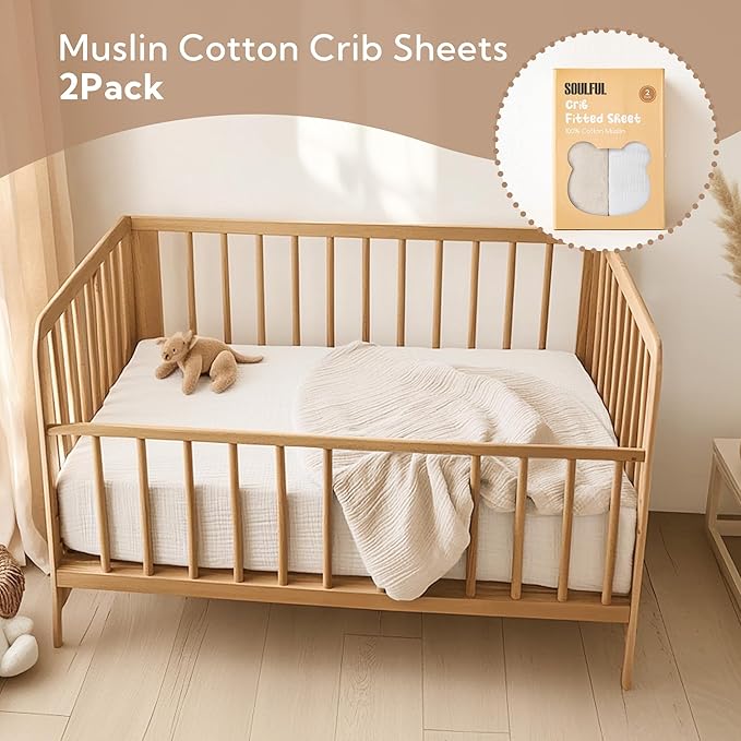 SOULFUL Muslin Crib Sheets for Boys Girls, 2 Pack Soft and Breathable Cotton Fitted Crib Sheets for Standard Crib Mattress (28"x 52", White & Beige)