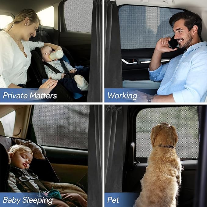 Car Divider Privacy Curtain, Blackout Suede Sun Shade Cover Front & Rear Seat Partition Space Divider Auto Van Truck Interior Accessories for Family Travel Camping Baby Sleeping (Black, Large)